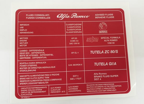 Alfa Romeo GTV/Spider (916) Twinspark Oil Spec Sticker