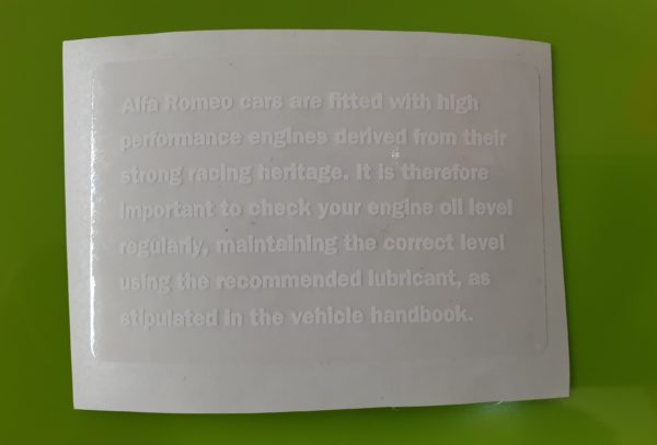Alfa Romeo Oil Level Warning Windscreen Sticker
