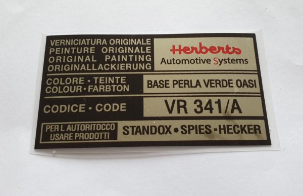 Alfa Romeo GTV/Spider Paint Code Sticker - Herberts - Perla Verde Oasi - VR341/A