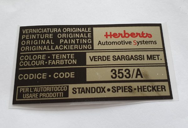 Alfa Romeo GTV/Spider Paint Code Sticker - Herberts - Verde Sargassi Met - 353/A