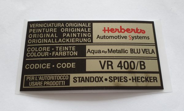 Alfa Romeo GTV/Spider Paint Code Sticker - Herberts - Blu Vela Met - VR 400/B