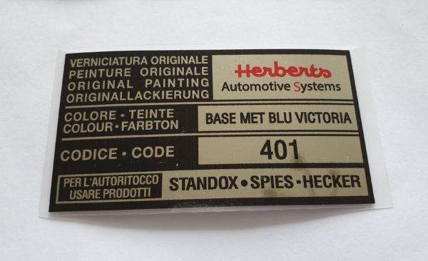 Alfa Romeo GTV/Spider Paint Code Sticker - Herberts - Blu Victoria Met - 401