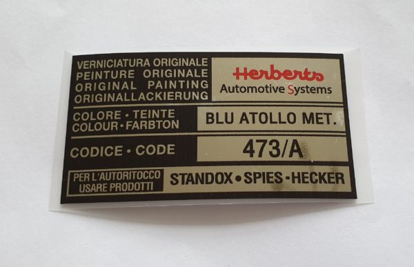 Alfa Romeo GTV/Spider Paint Code Sticker - Herberts - Blu Atollo Met - 473/A