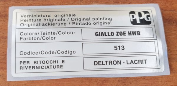 Alfa Romeo GTV/Spider Paint Code Sticker - PPG - Giallo Zoe HWB 513